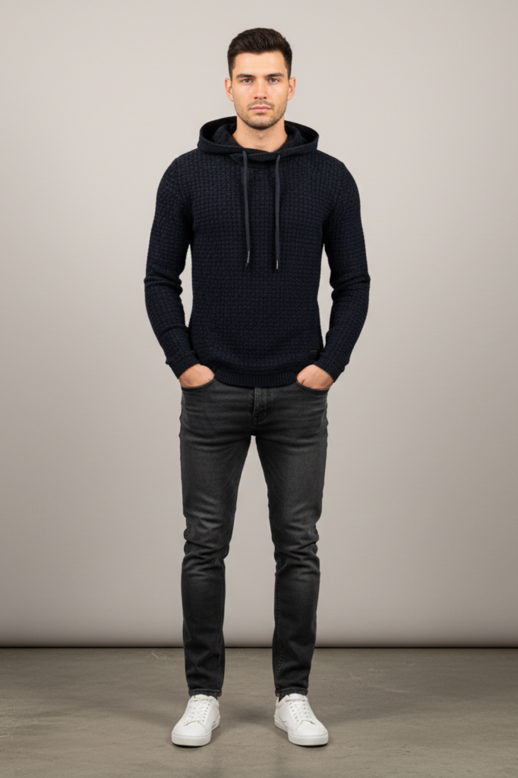 Men’s Textured Slim Fit Hooded Jumper - Knit Pullover
