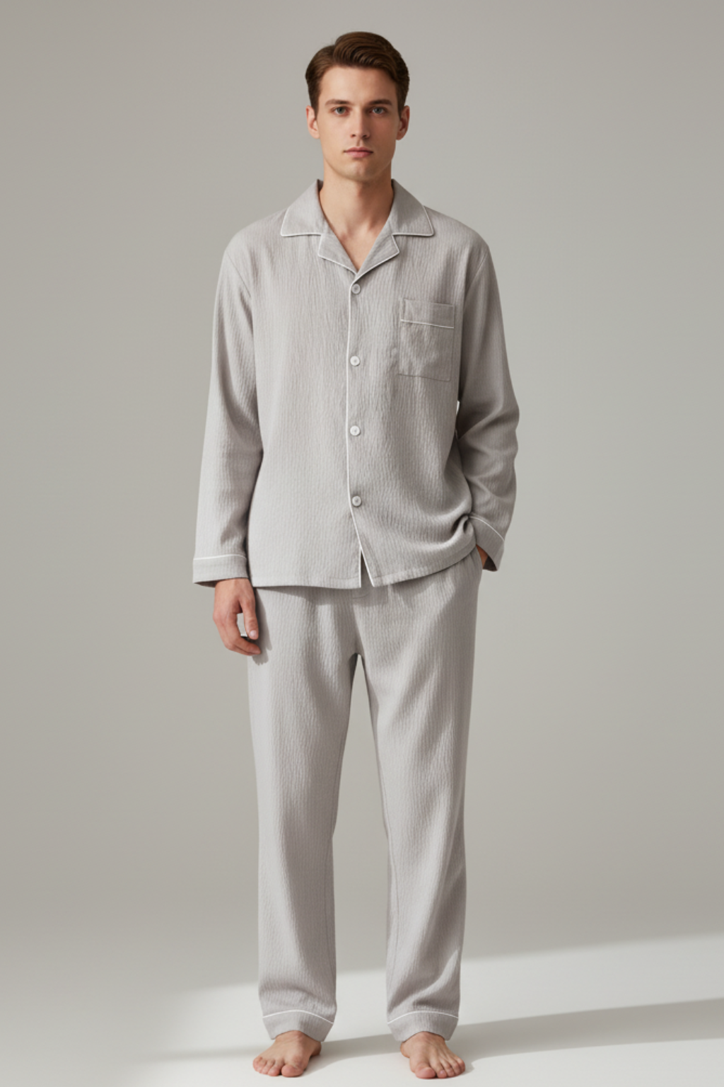 Men’s Long Sleeve Pajama Set - Autumn Solid Lapel Neck Loungewear