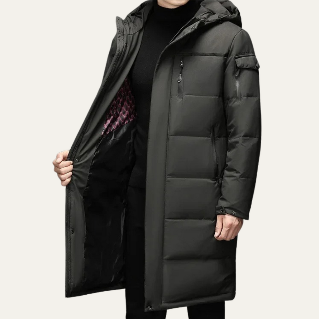The Woking Men’s Thermal Longline Black Puffer Coat with Hood