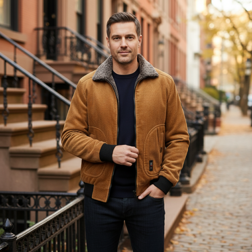 The Alassio Men’s Corduroy Jacket – Fleece Lined Winter Zip Up Coat with Fur Collar