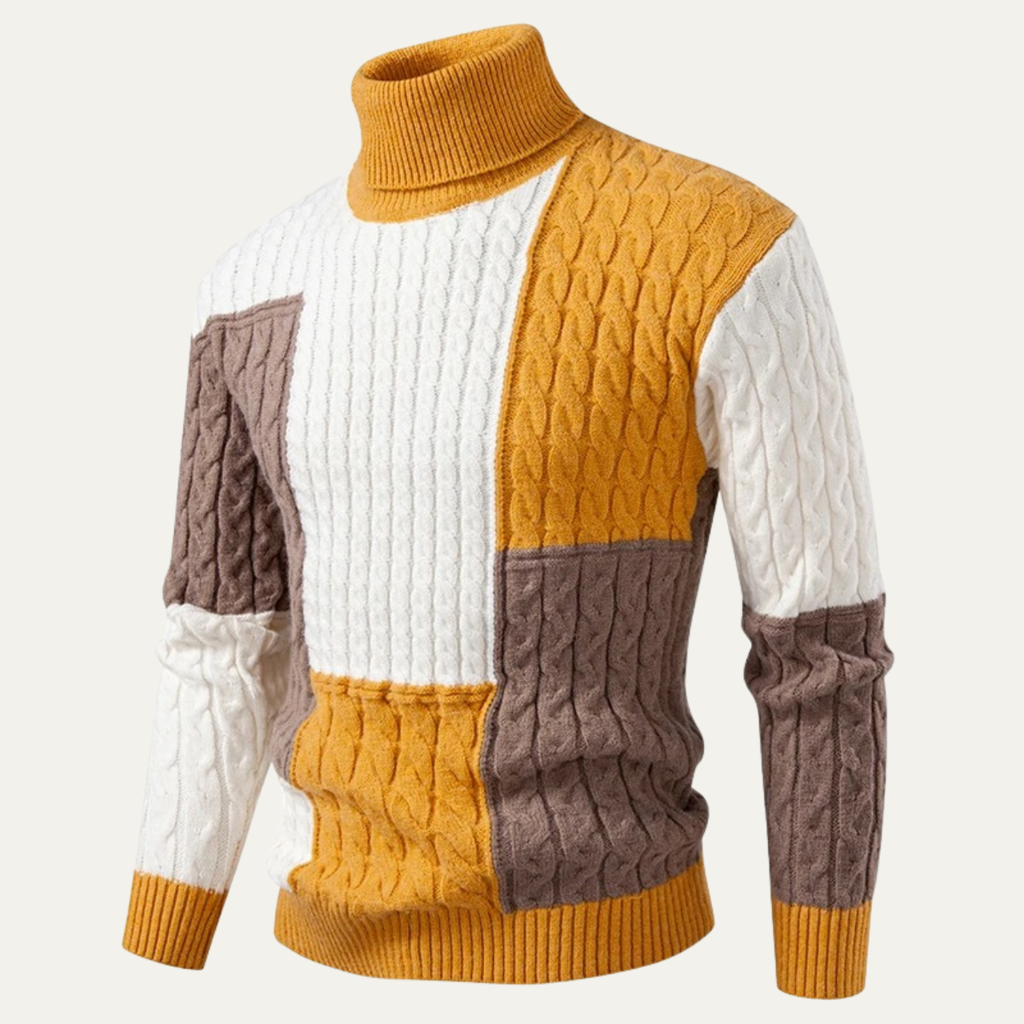 The Bevagna Men’s Patchwork Knit Colour Block Turtleneck Jumper