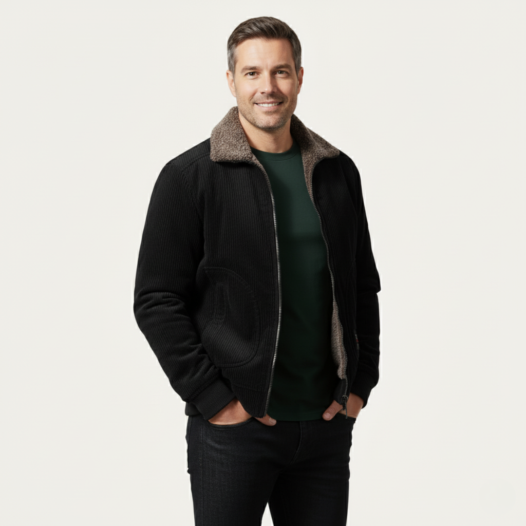 The Alassio Men’s Corduroy Jacket – Fleece Lined Winter Zip Up Coat with Fur Collar
