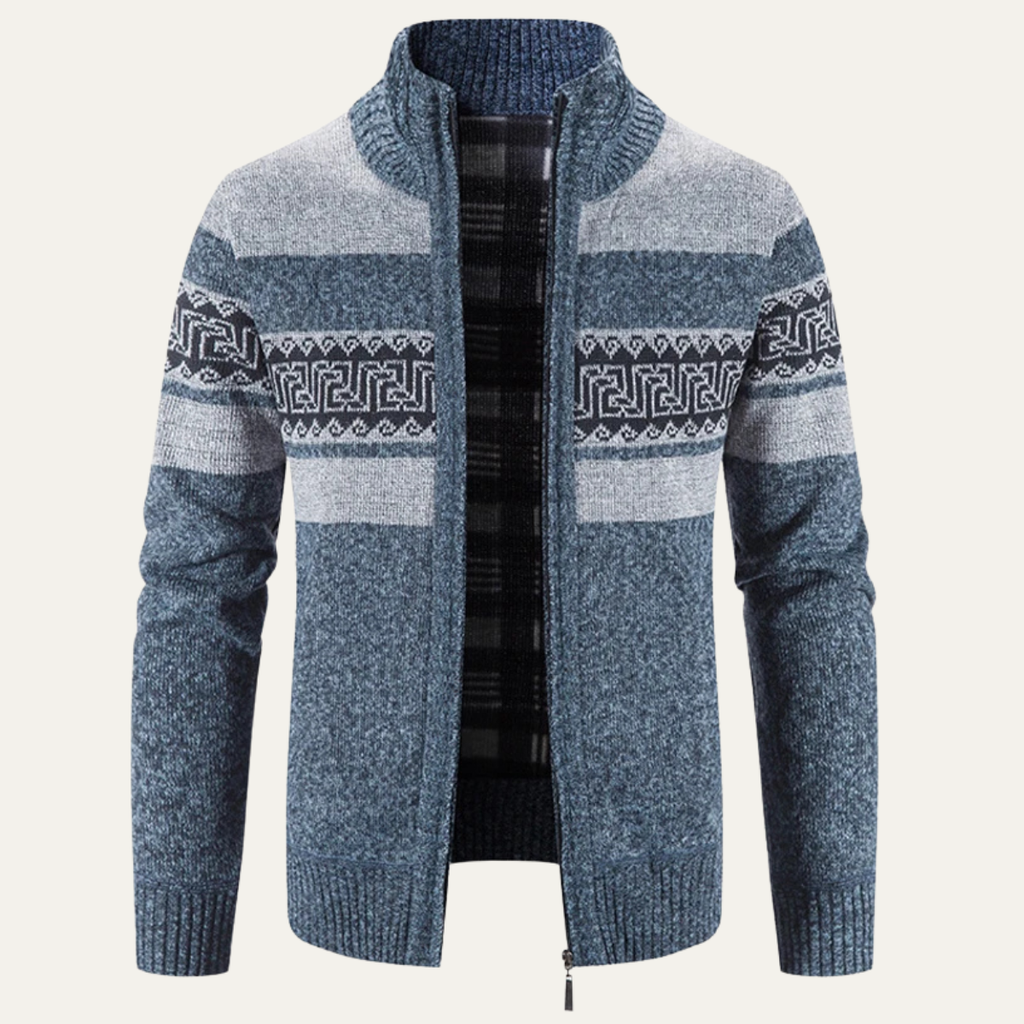 The Carovigno Men’s Knitted Zip Cardigan with Patterned Design and Stand Collar