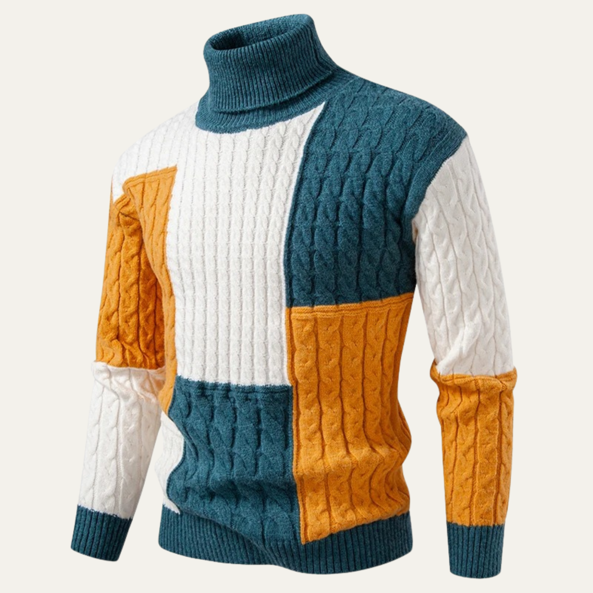 The Bevagna Men’s Patchwork Knit Colour Block Turtleneck Jumper