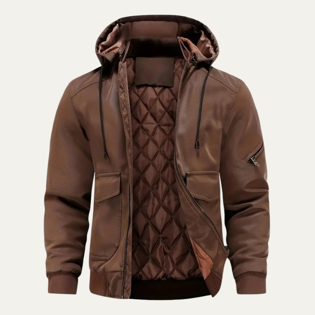 The Waldorf Men’s Brown Leather Puffer Jacket – Luxury Winter Coat with Hood