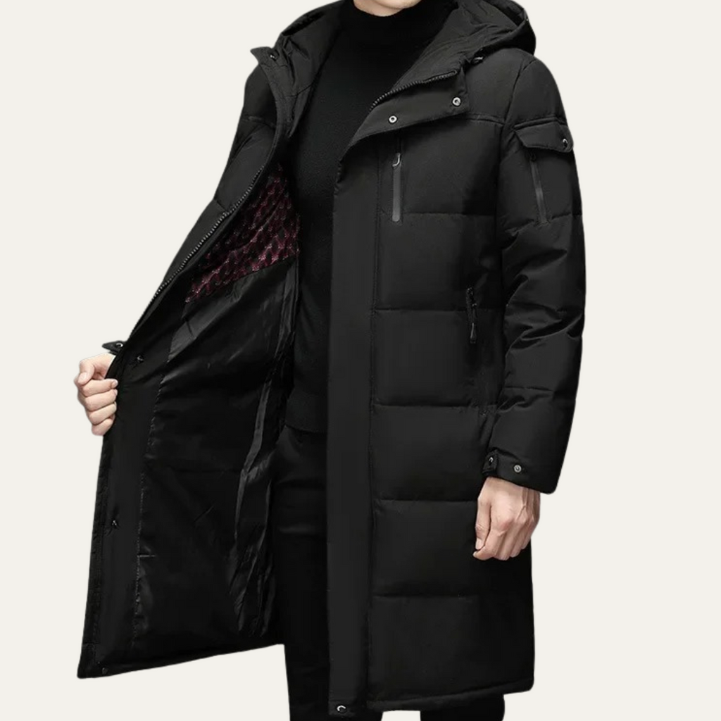 The Woking Men’s Thermal Longline Black Puffer Coat with Hood