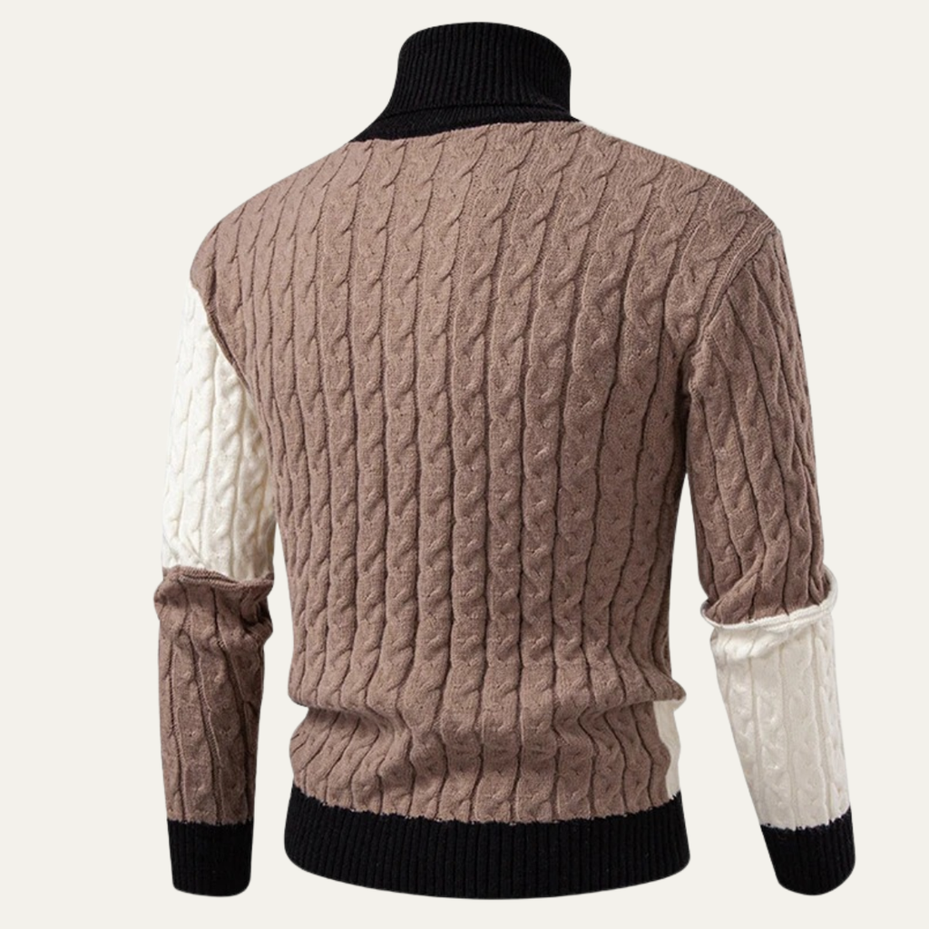The Bevagna Men’s Patchwork Knit Colour Block Turtleneck Jumper