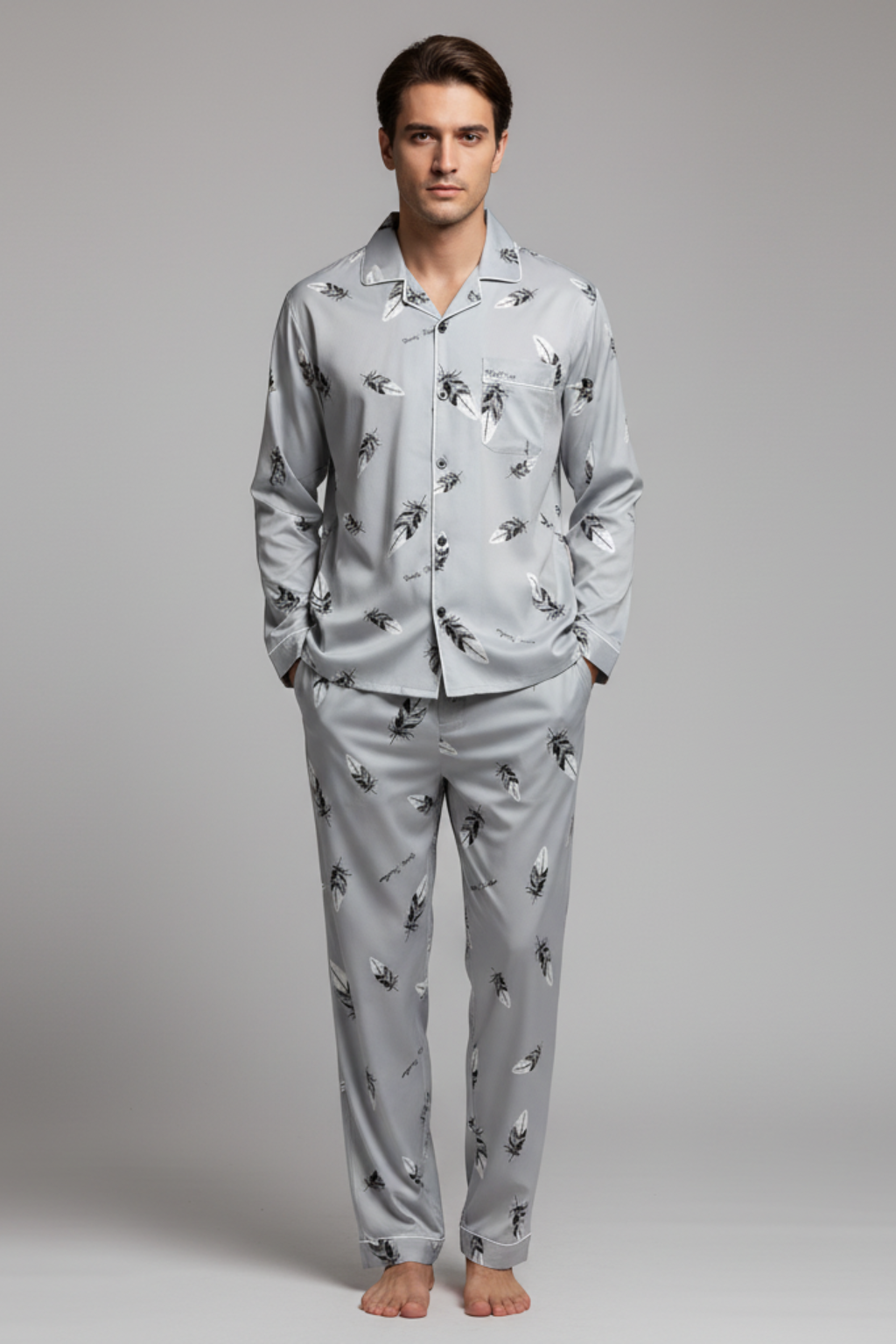 Men’s Cotton Blend Long Sleeve Sleepwear Set - Two-Piece Pajamas