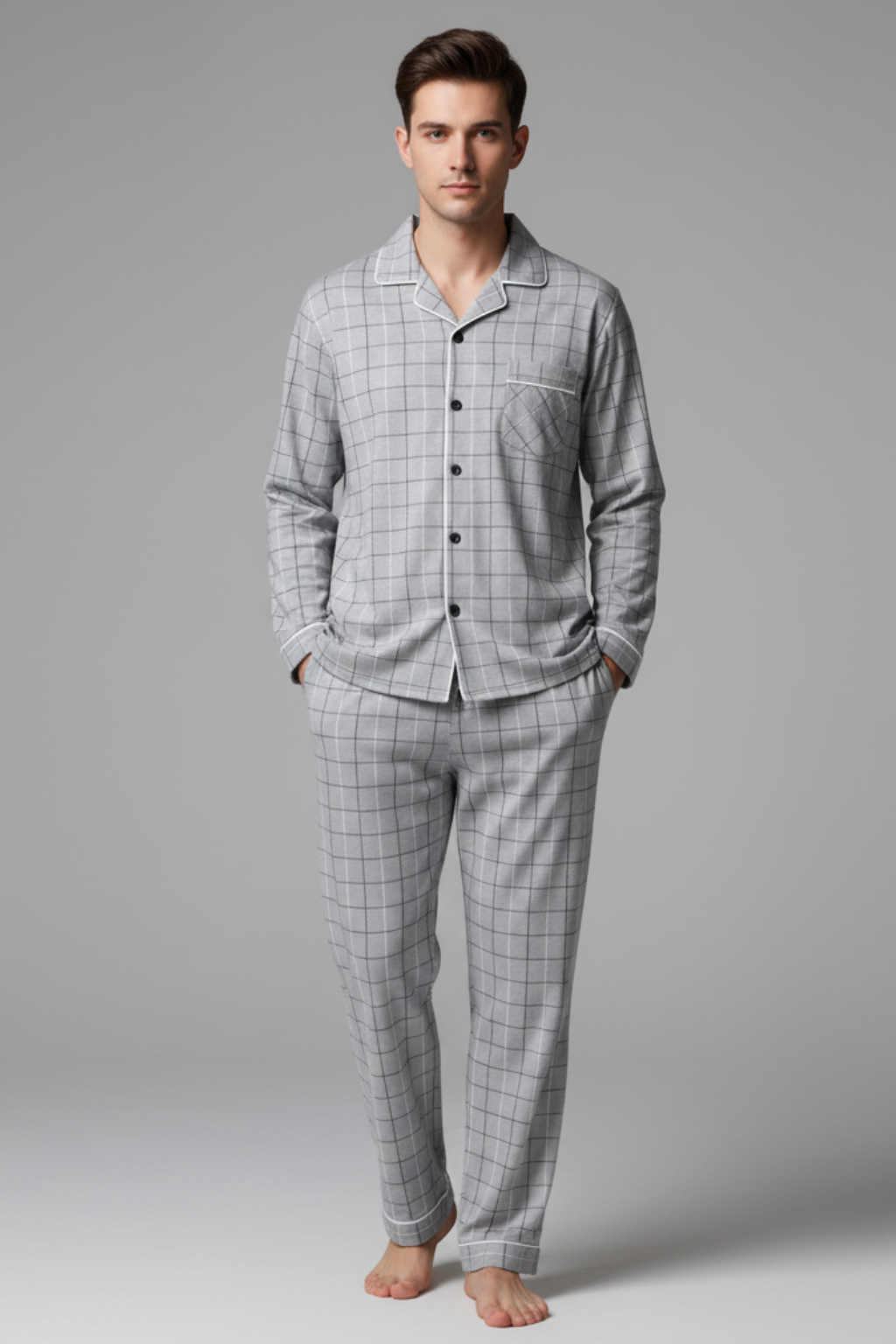 Men’s Cotton Blend Long Sleeve Sleepwear Set - Two-Piece Pajamas