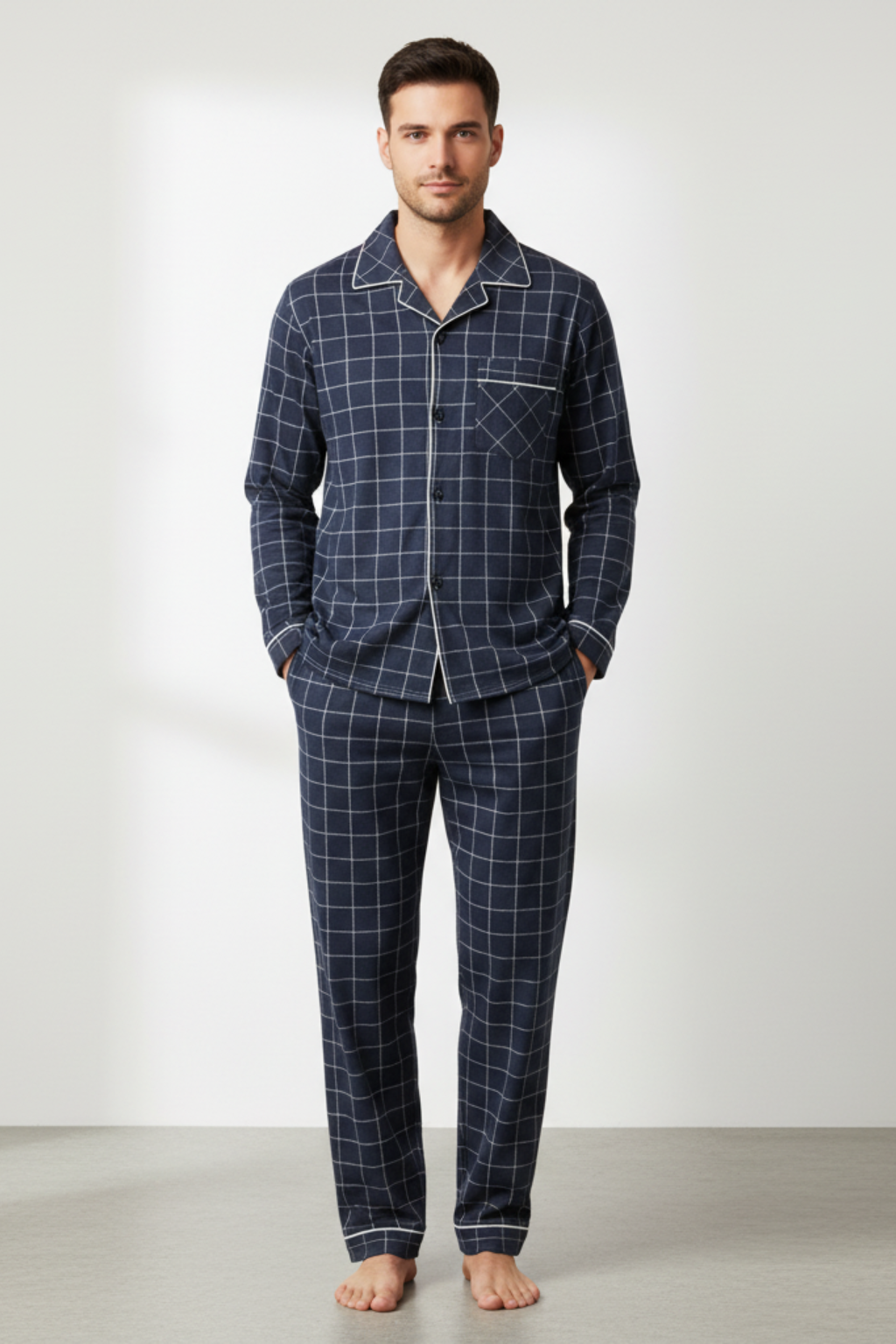 Men’s Cotton Blend Long Sleeve Sleepwear Set - Two-Piece Pajamas