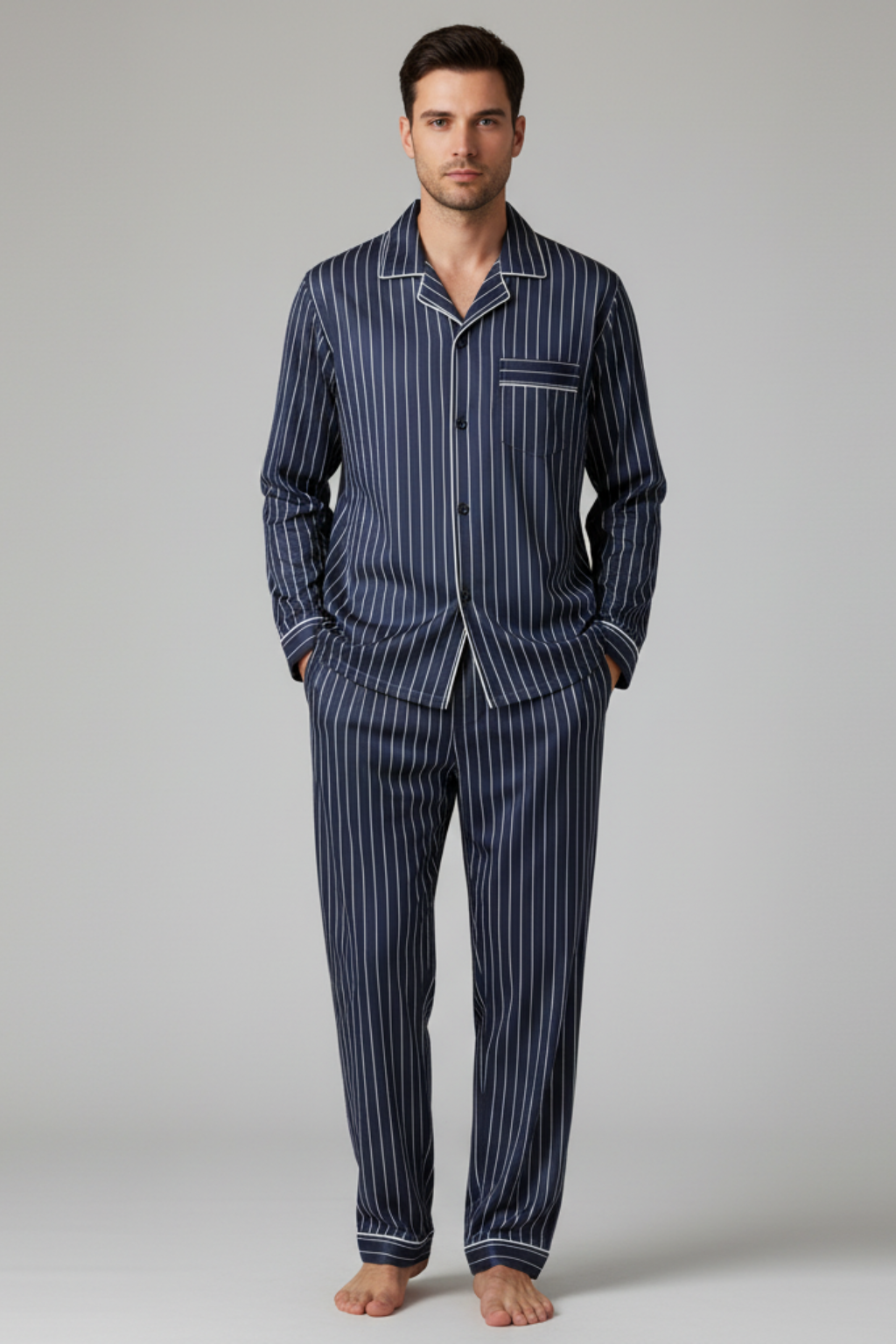 Men’s Cotton Blend Long Sleeve Sleepwear Set - Two-Piece Pajamas