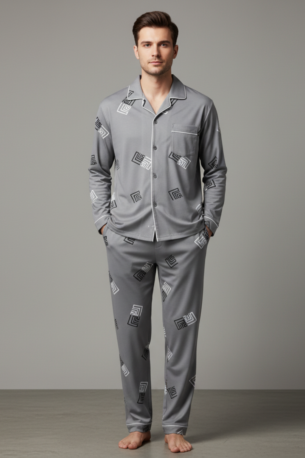 Men’s Cotton Blend Long Sleeve Sleepwear Set - Two-Piece Pajamas