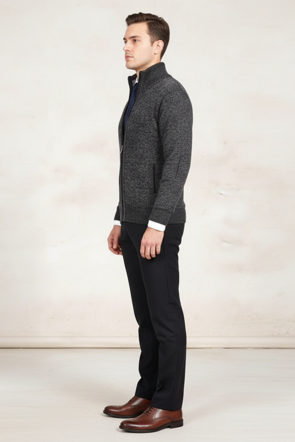Men's Full Zip Knit Sweater With Ribbed Cuffs And Hem