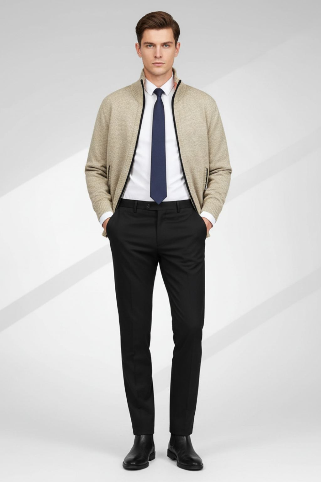 Men's Full Zip Knit Sweater With Ribbed Cuffs And Hem