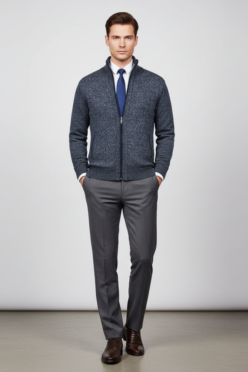 Men's Full Zip Knit Sweater With Ribbed Cuffs And Hem