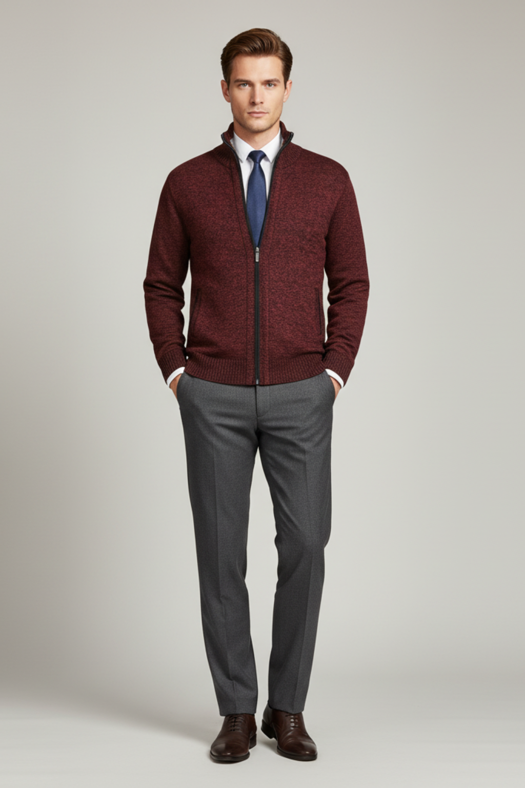 Men's Full Zip Knit Sweater With Ribbed Cuffs And Hem