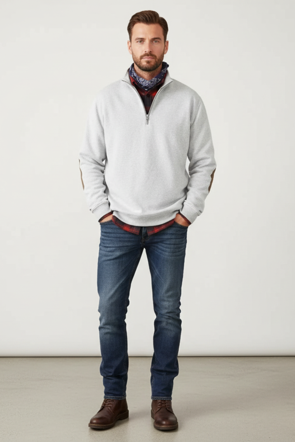 Men’s Half Zip Sweater - Knit Pullover with Elbow Patches