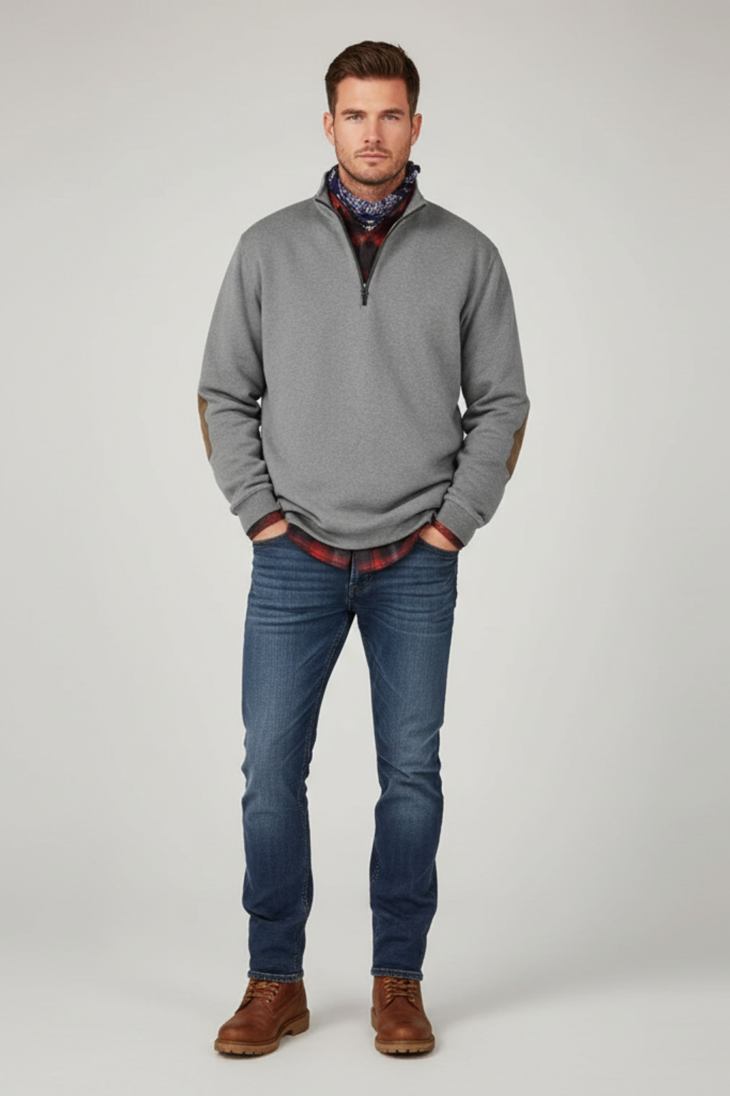 Men’s Half Zip Sweater - Knit Pullover with Elbow Patches
