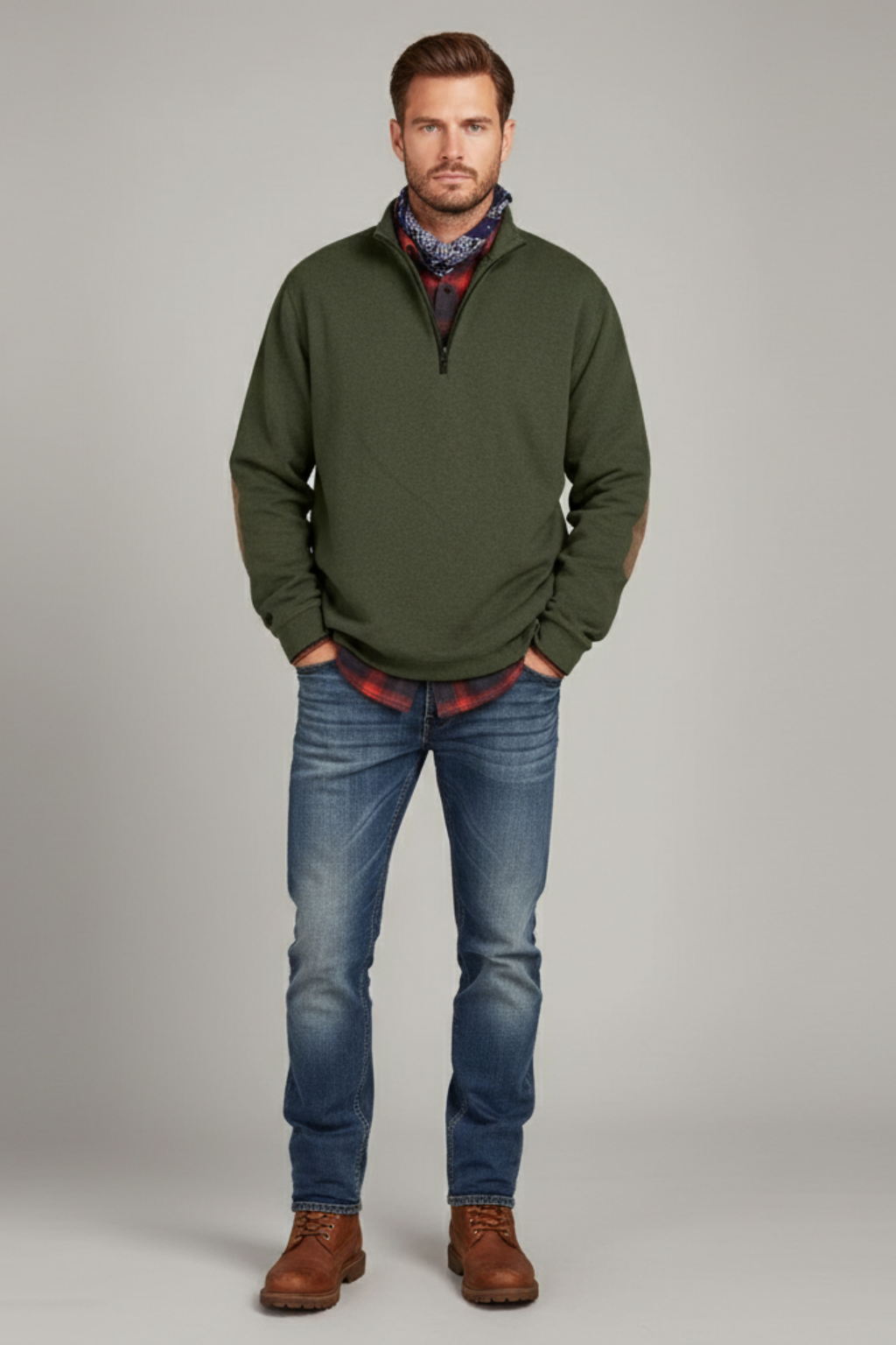 Men’s Half Zip Sweater - Knit Pullover with Elbow Patches