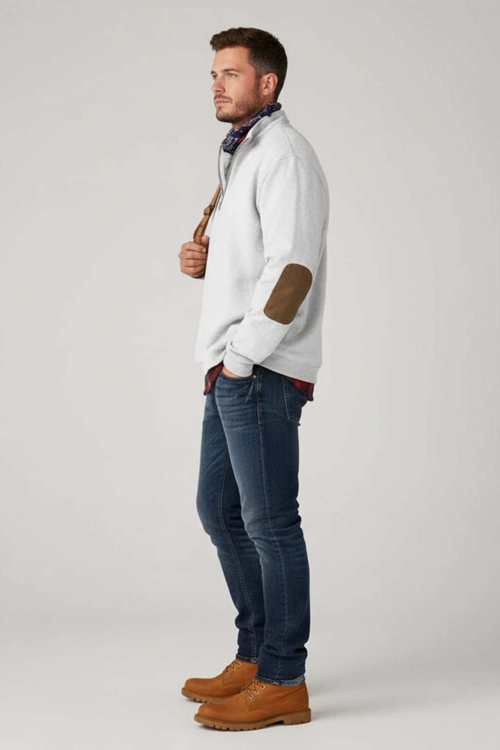 Men’s Half Zip Sweater - Knit Pullover with Elbow Patches