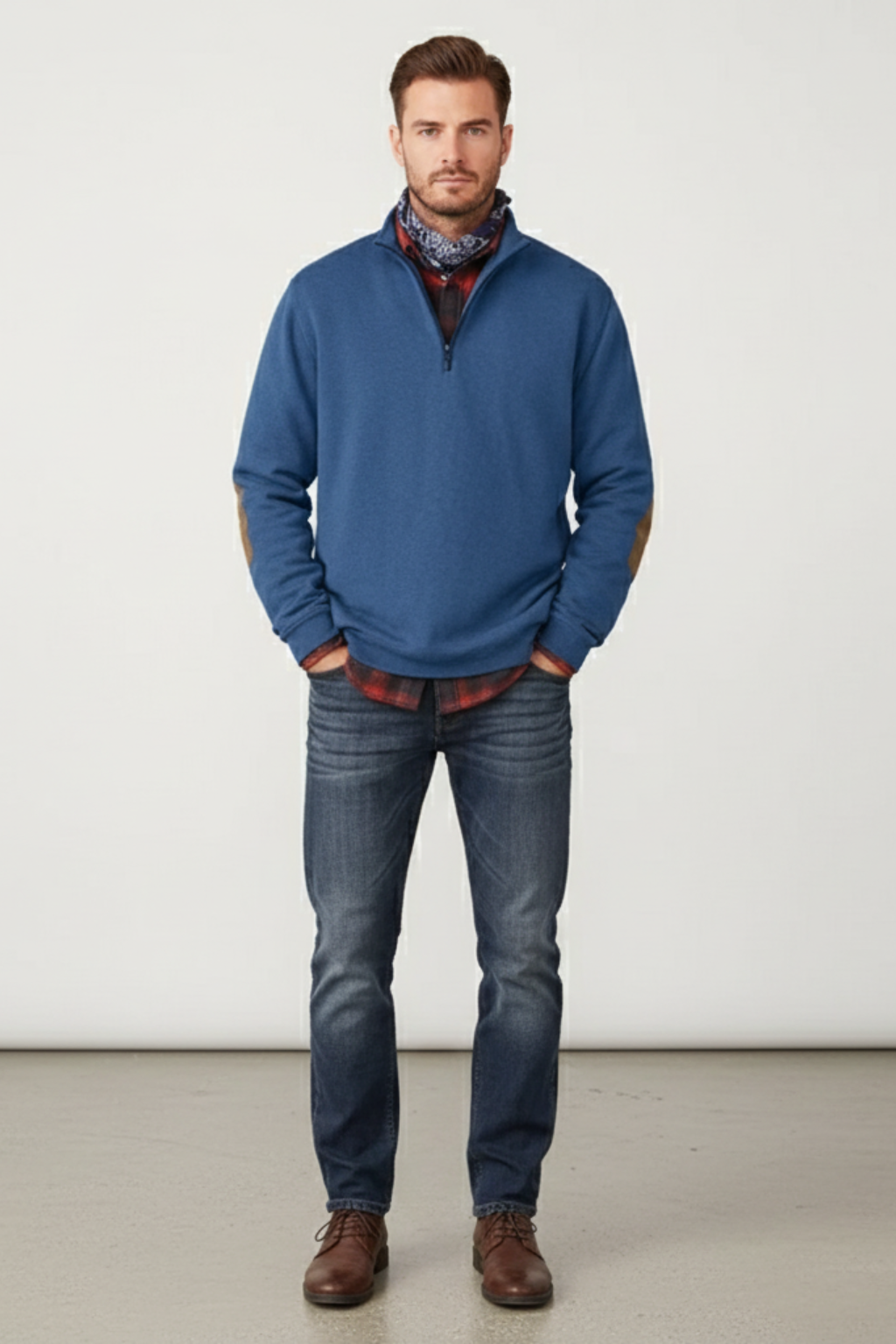 Men’s Half Zip Sweater - Knit Pullover with Elbow Patches