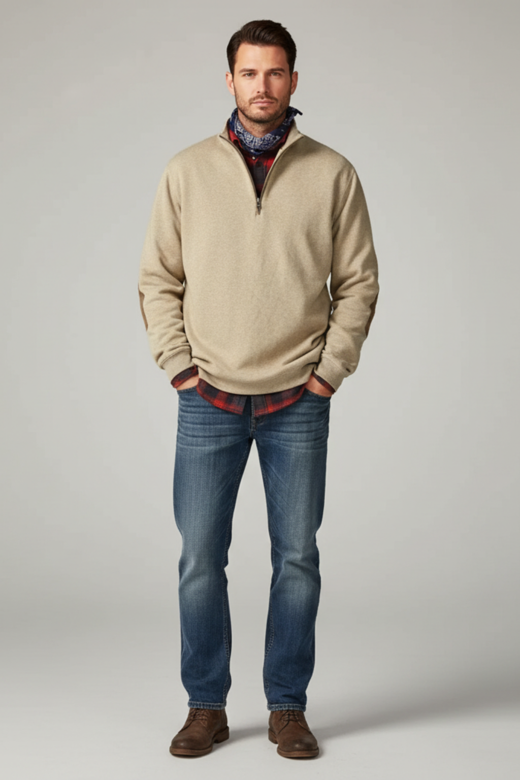 Men’s Half Zip Sweater - Knit Pullover with Elbow Patches