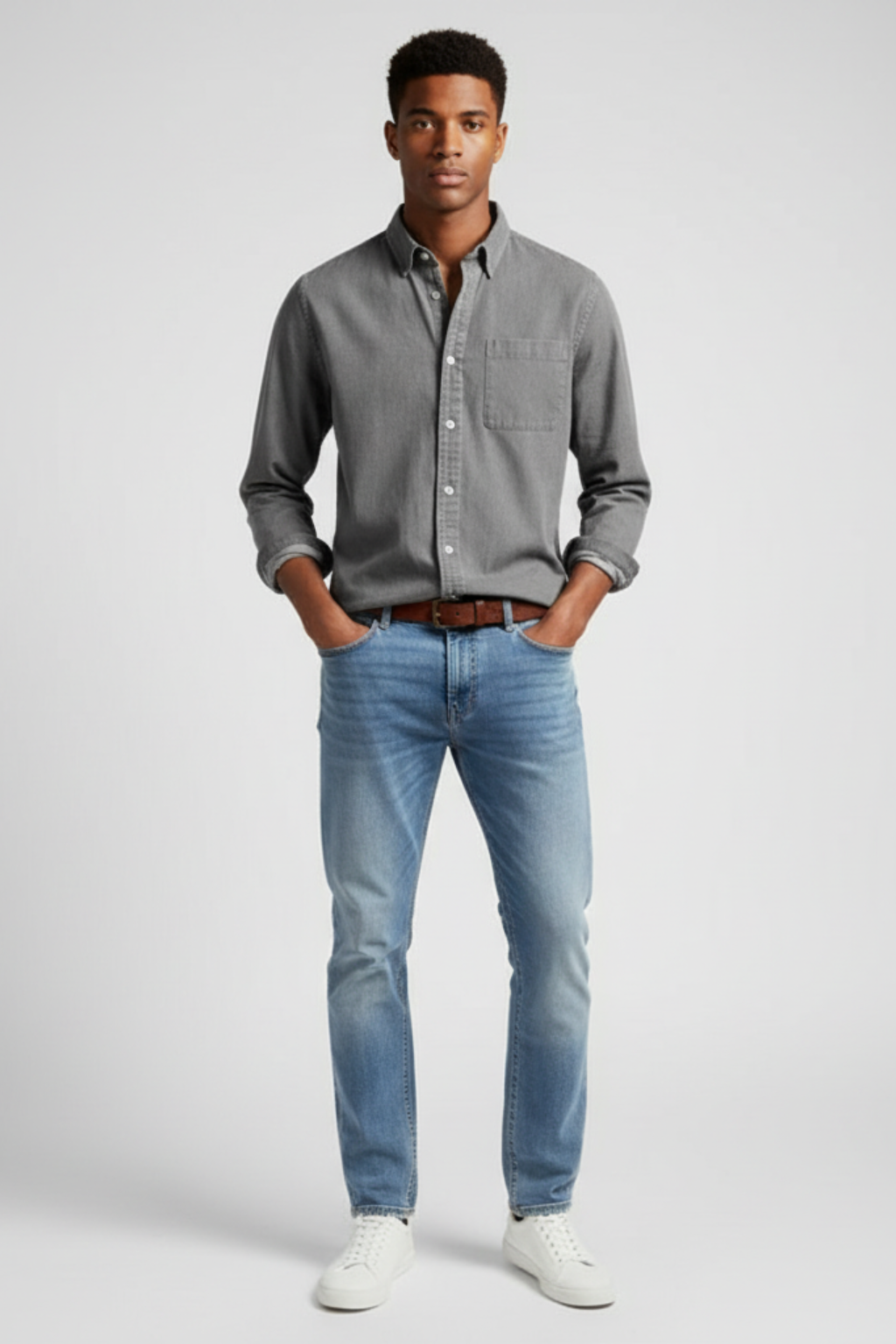 Men’s Long-Sleeve Button-Up Shirt - Versatile Finish for Work