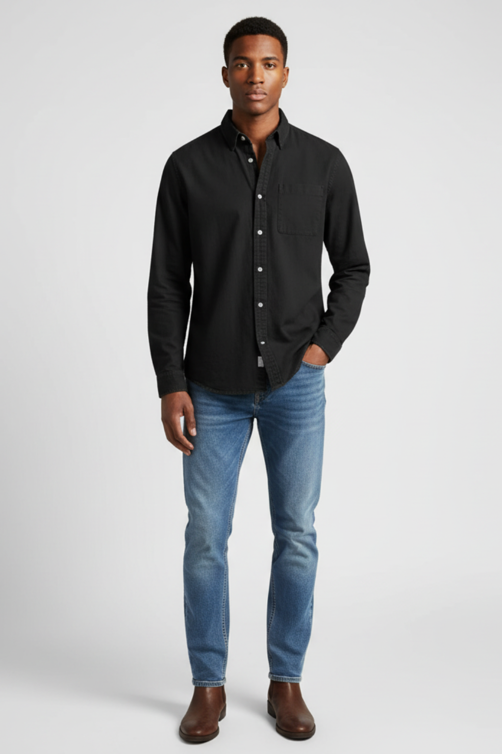 Men’s Long-Sleeve Button-Up Shirt - Versatile Finish for Work