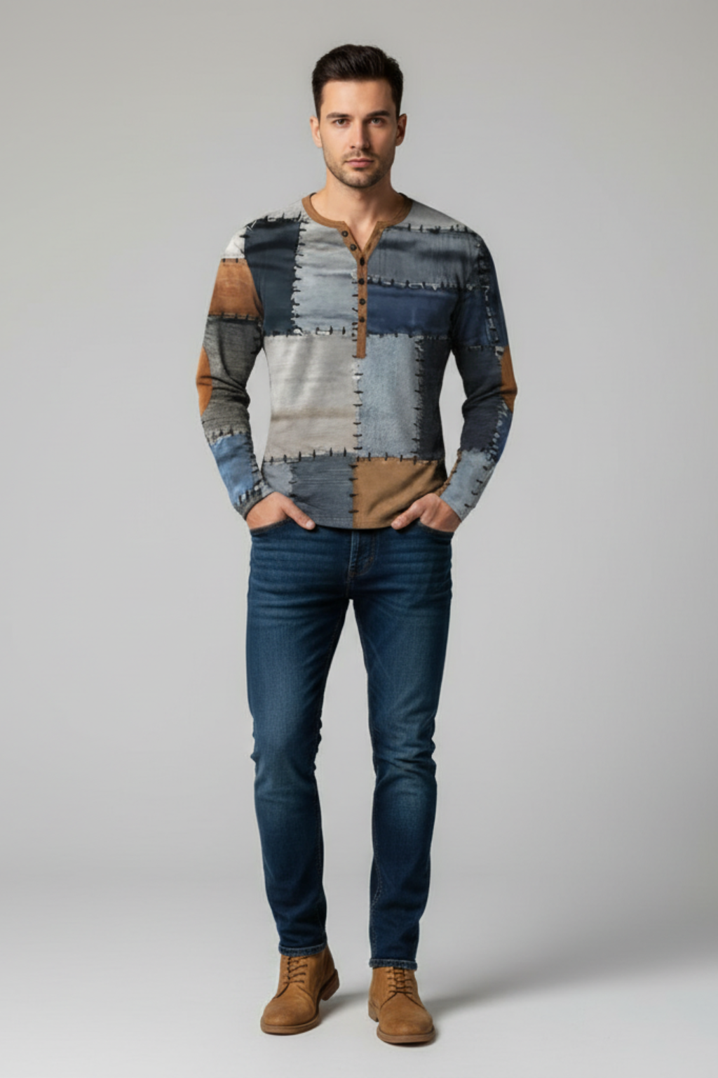 Men’s Patchwork Cotton Blend Sweater - Regular Fit Pullover