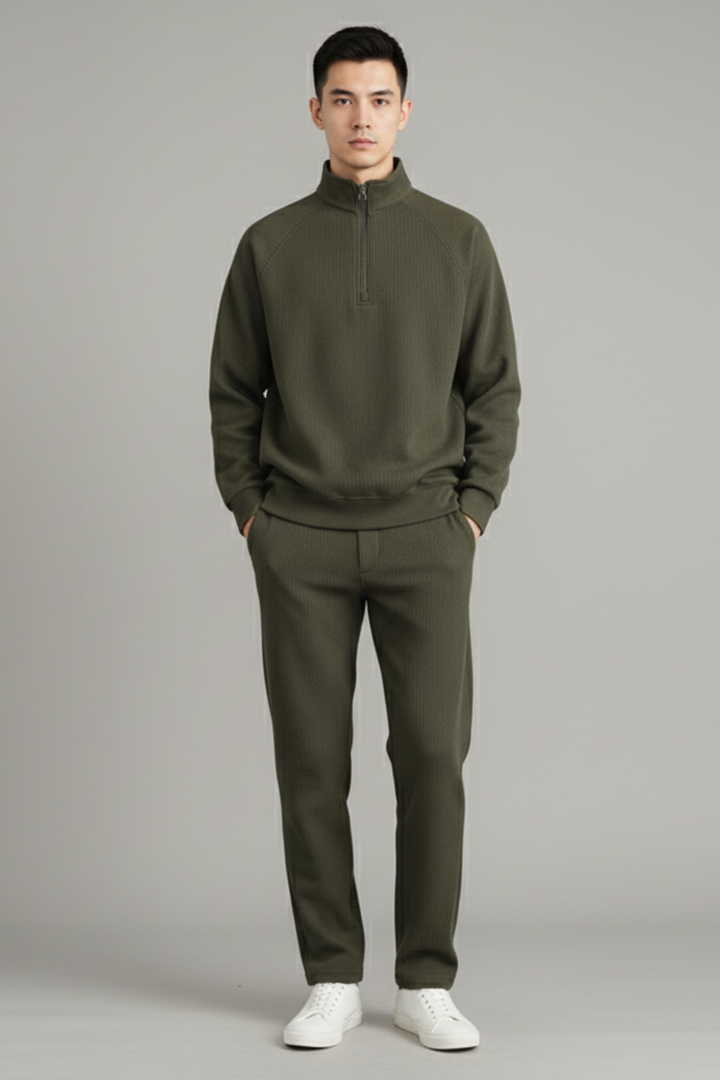 Men’s Ribbed Knit Half-Zip Sweatshirt - Textured Zip Collar Layer