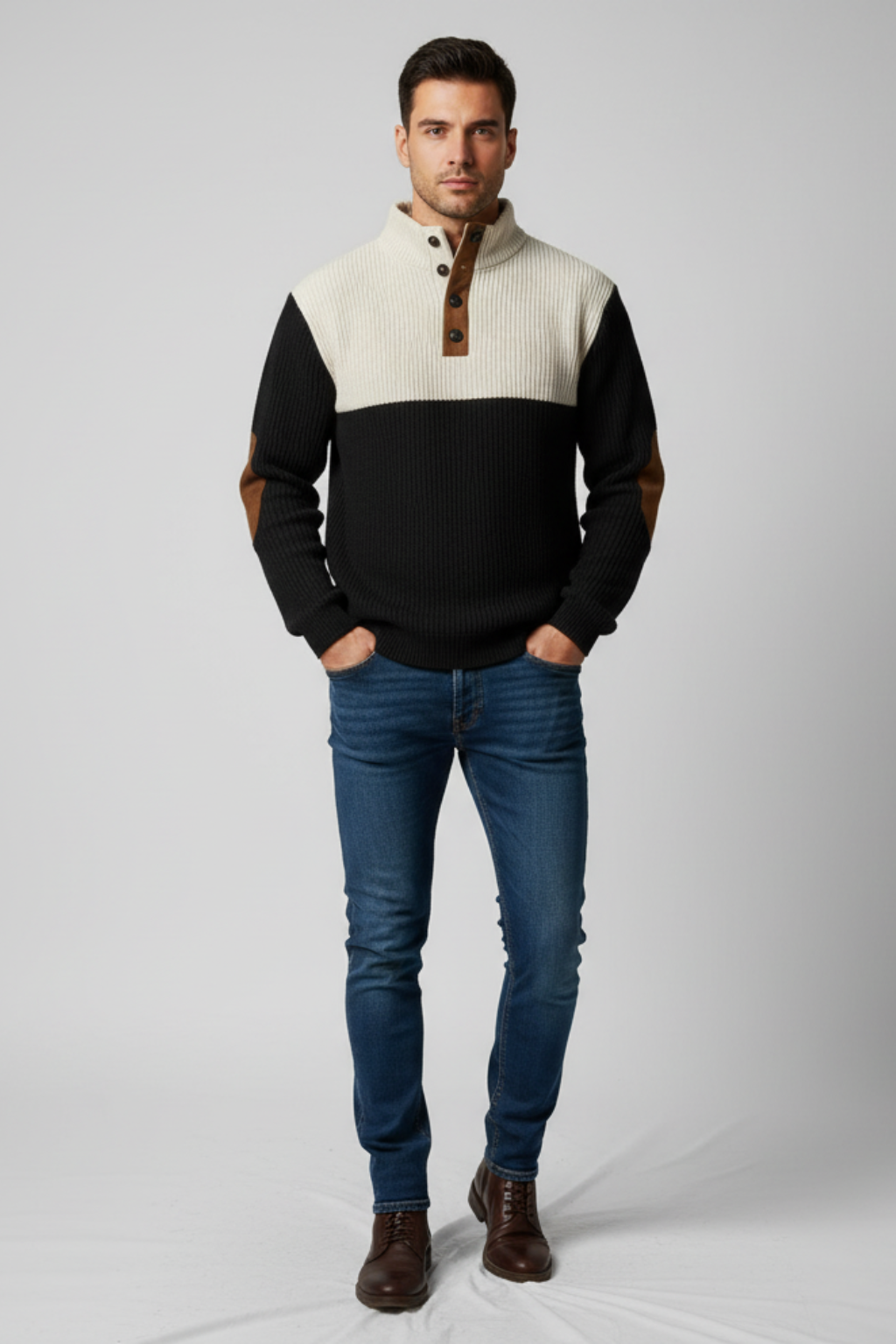 Men’s Ribbed Quarter-Button Pullover Sweater with Elbow Patches - Casual Elegance