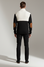 Men’s Ribbed Quarter-Button Pullover Sweater with Elbow Patches - Casual Elegance