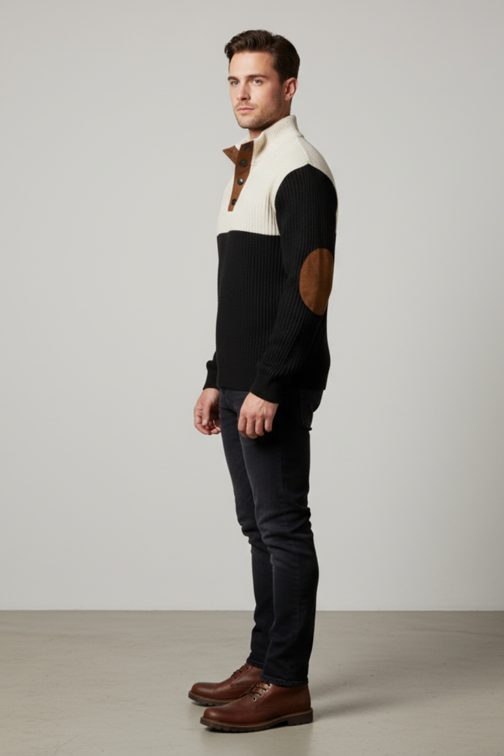 Men’s Ribbed Quarter-Button Pullover Sweater with Elbow Patches - Casual Elegance