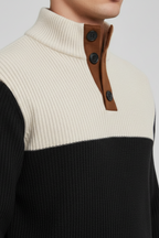 Men’s Ribbed Quarter-Button Pullover Sweater with Elbow Patches - Casual Elegance
