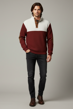 Men’s Ribbed Quarter-Button Pullover Sweater with Elbow Patches - Casual Elegance