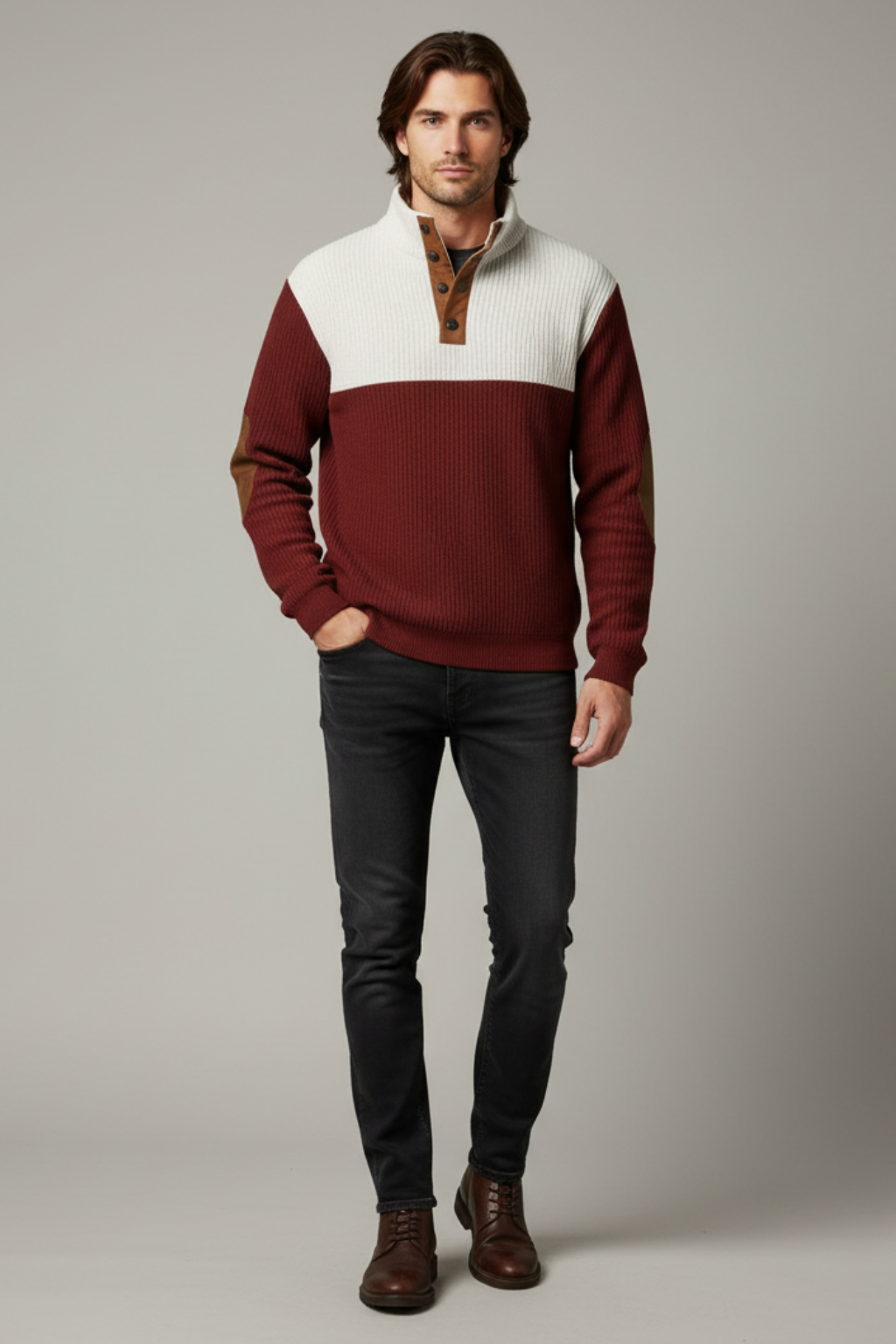 Men’s Ribbed Quarter-Button Pullover Sweater with Elbow Patches - Casual Elegance