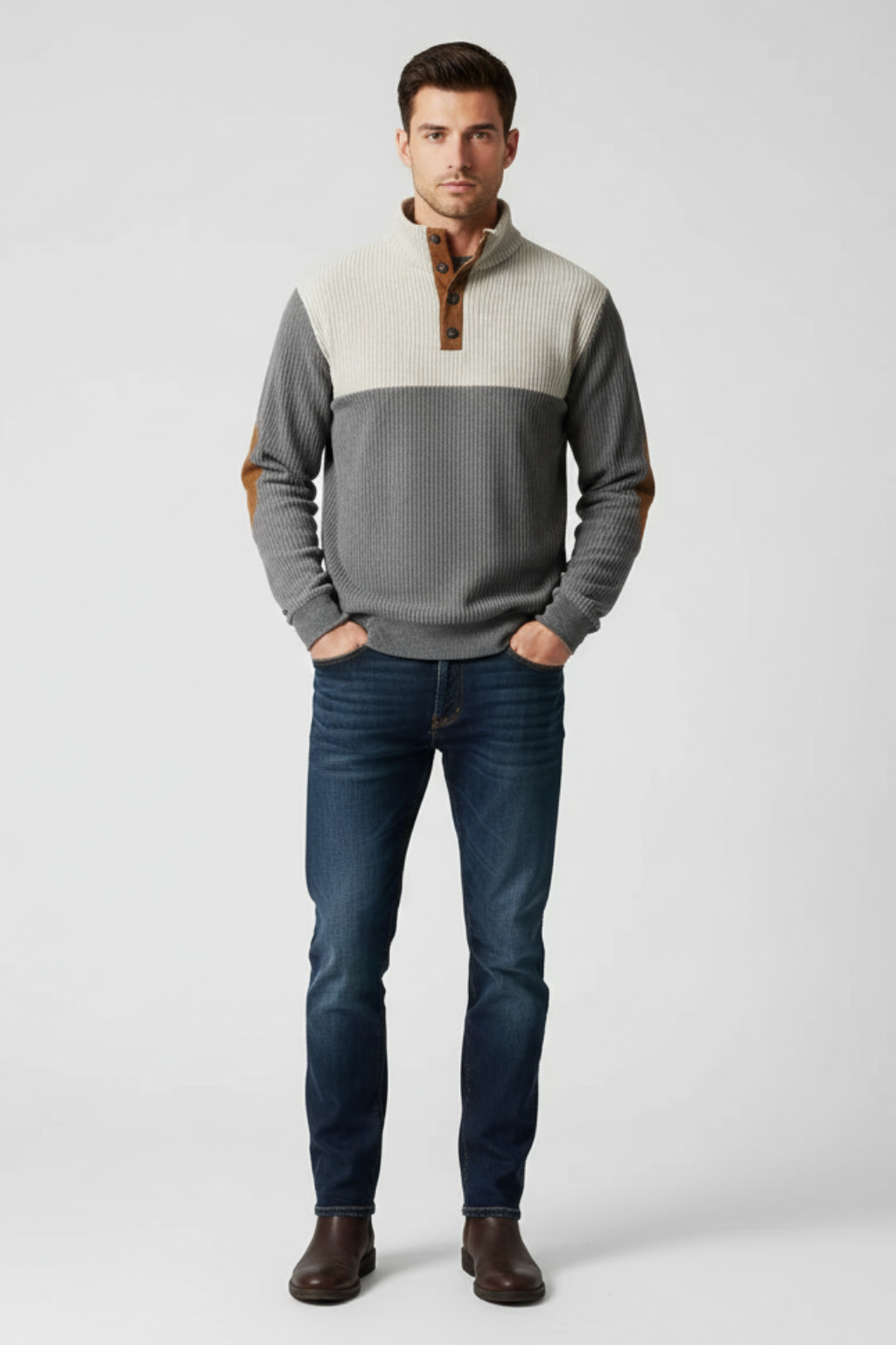 Men’s Ribbed Quarter-Button Pullover Sweater with Elbow Patches - Casual Elegance