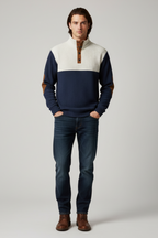Men’s Ribbed Quarter-Button Pullover Sweater with Elbow Patches - Casual Elegance