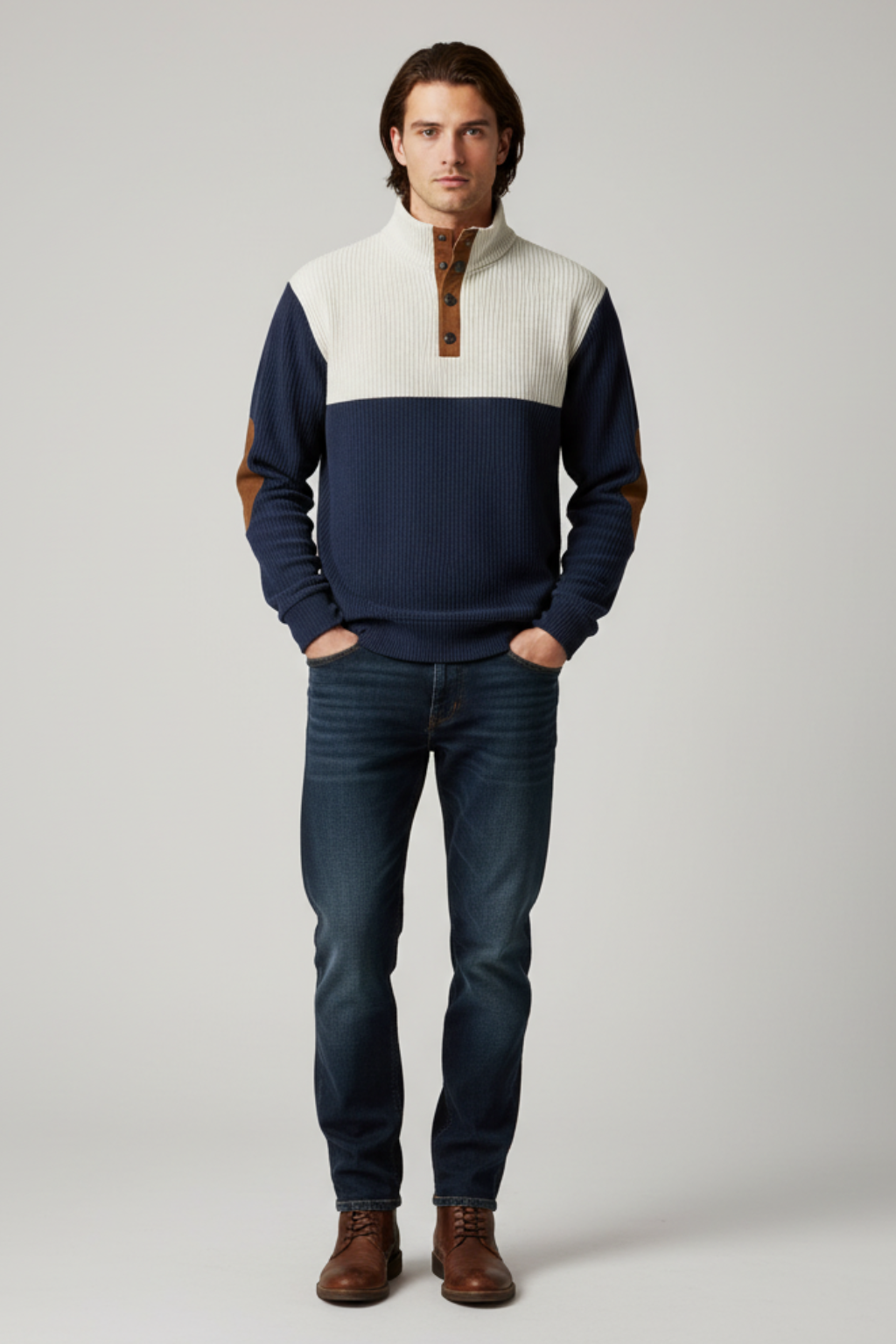 Men’s Ribbed Quarter-Button Pullover Sweater with Elbow Patches - Casual Elegance