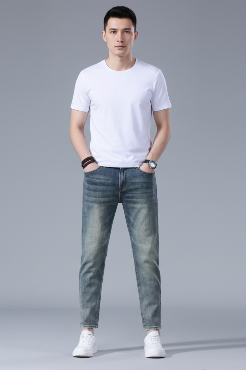 Men’s Slim Fit Ankle-Length Jeans - Stretch Denim Cropped Retro Style