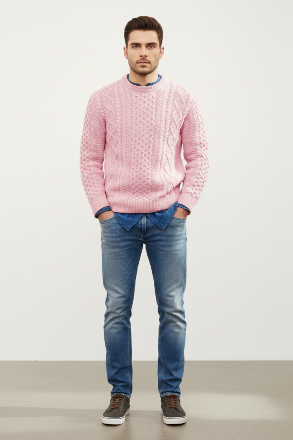 Men’s Slim Fit Cable Knit Wool Blend Jumper - Tailored Texture and Warm Layers