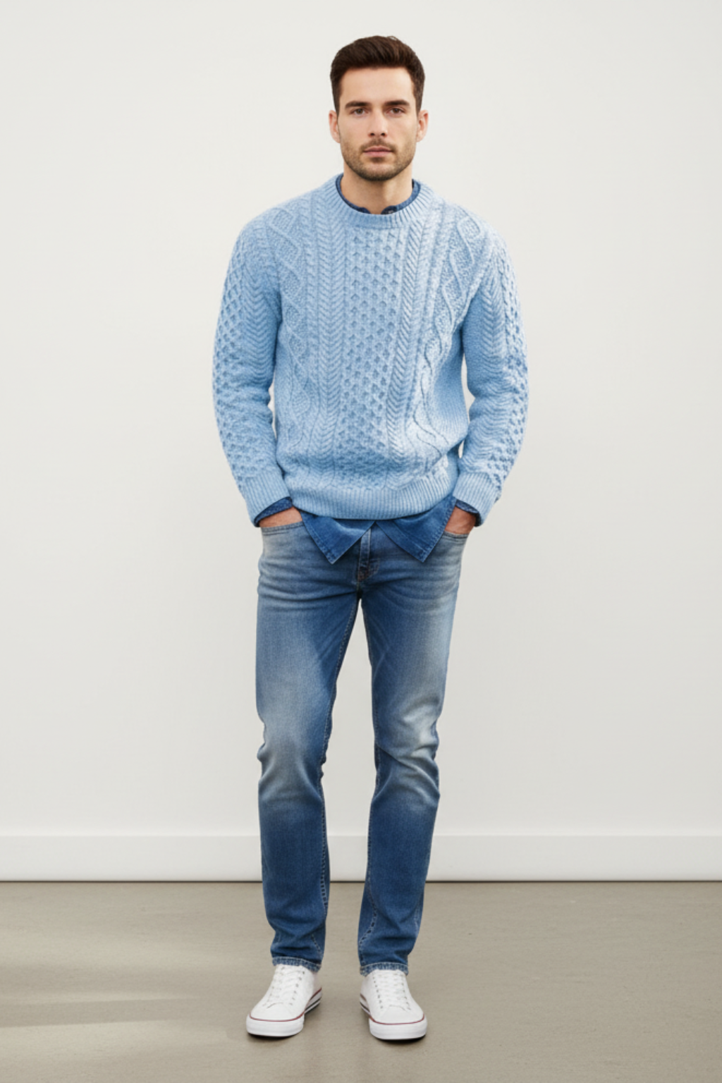 Men’s Slim Fit Cable Knit Wool Blend Jumper - Tailored Texture and Warm Layers