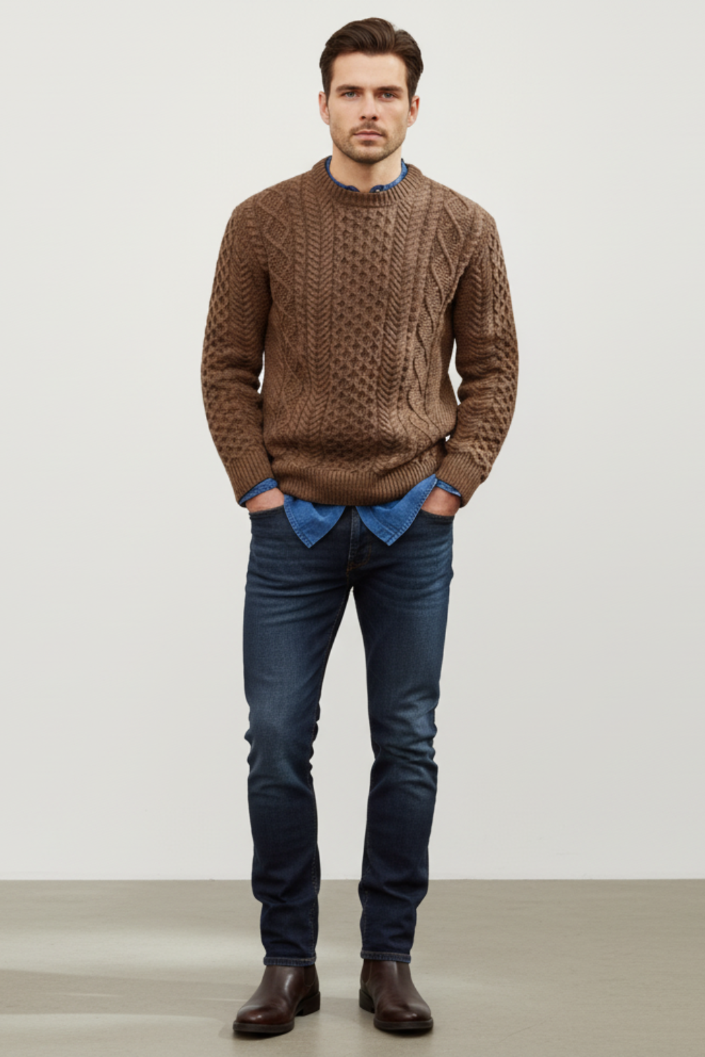 Men’s Slim Fit Cable Knit Wool Blend Jumper - Tailored Texture and Warm Layers