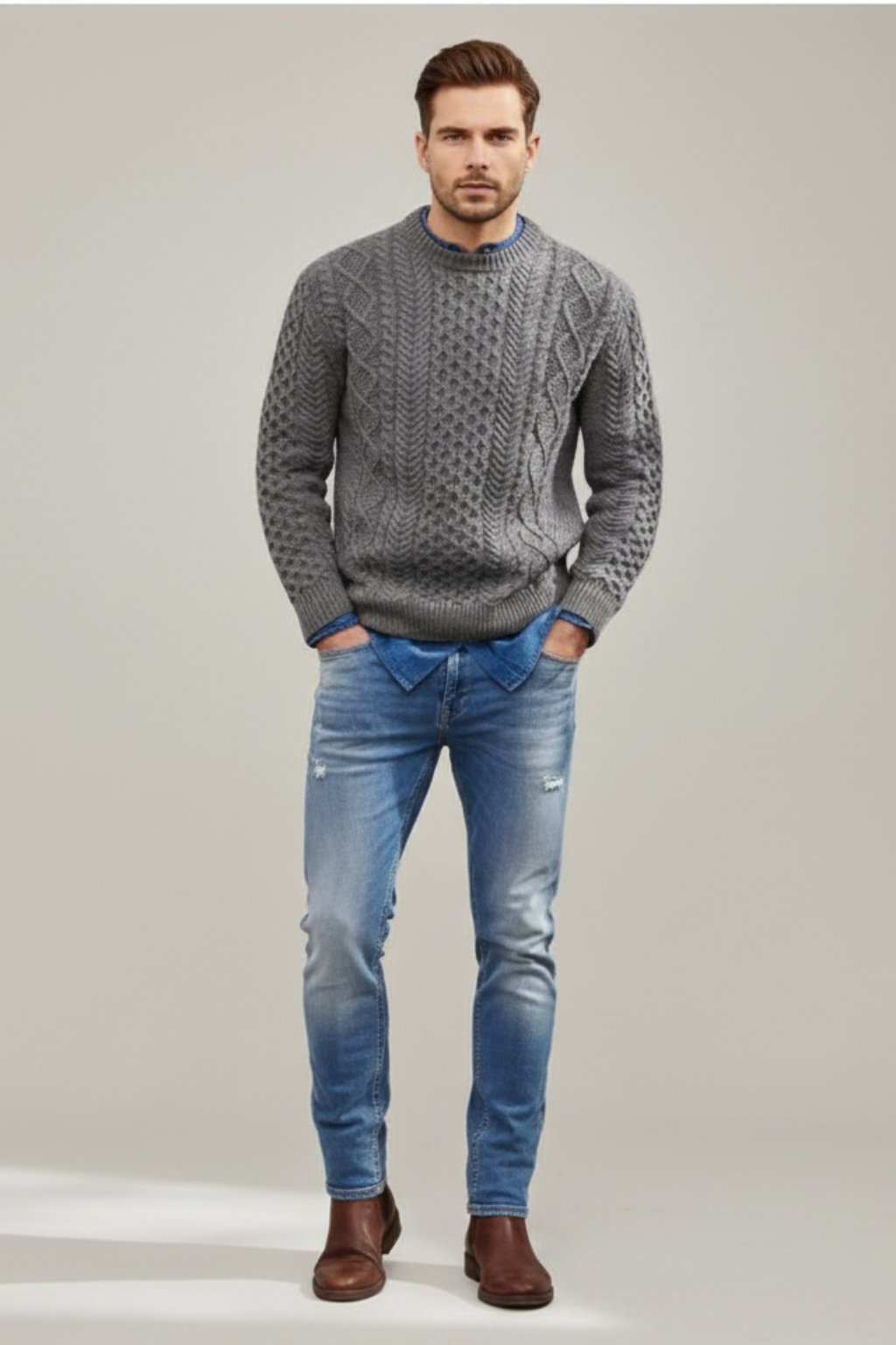 Men’s Slim Fit Cable Knit Wool Blend Jumper - Tailored Texture and Warm Layers