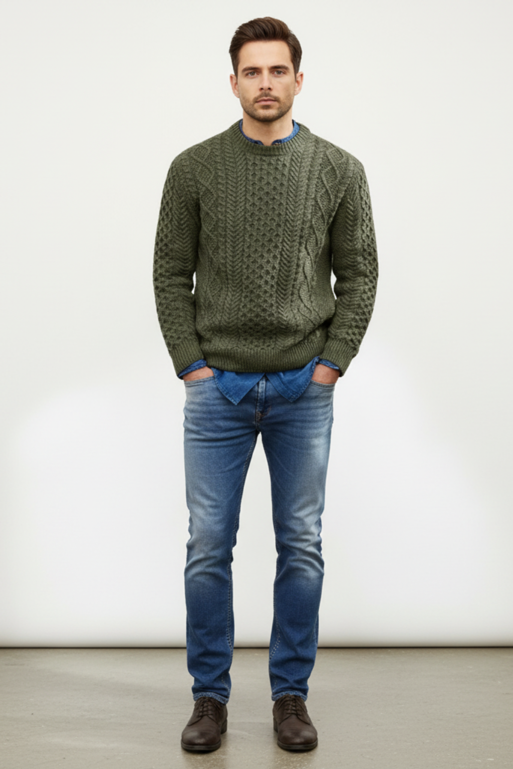 Men’s Slim Fit Cable Knit Wool Blend Jumper - Tailored Texture and Warm Layers