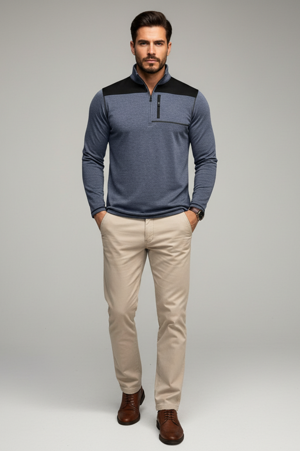 Men’s Slim Fit Half Zip Pullover - Knit with Contrast Panels
