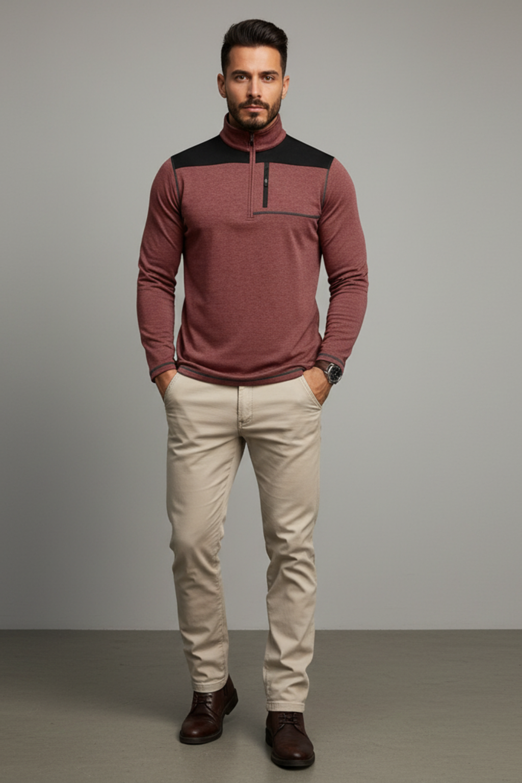 Men’s Slim Fit Half Zip Pullover - Knit with Contrast Panels