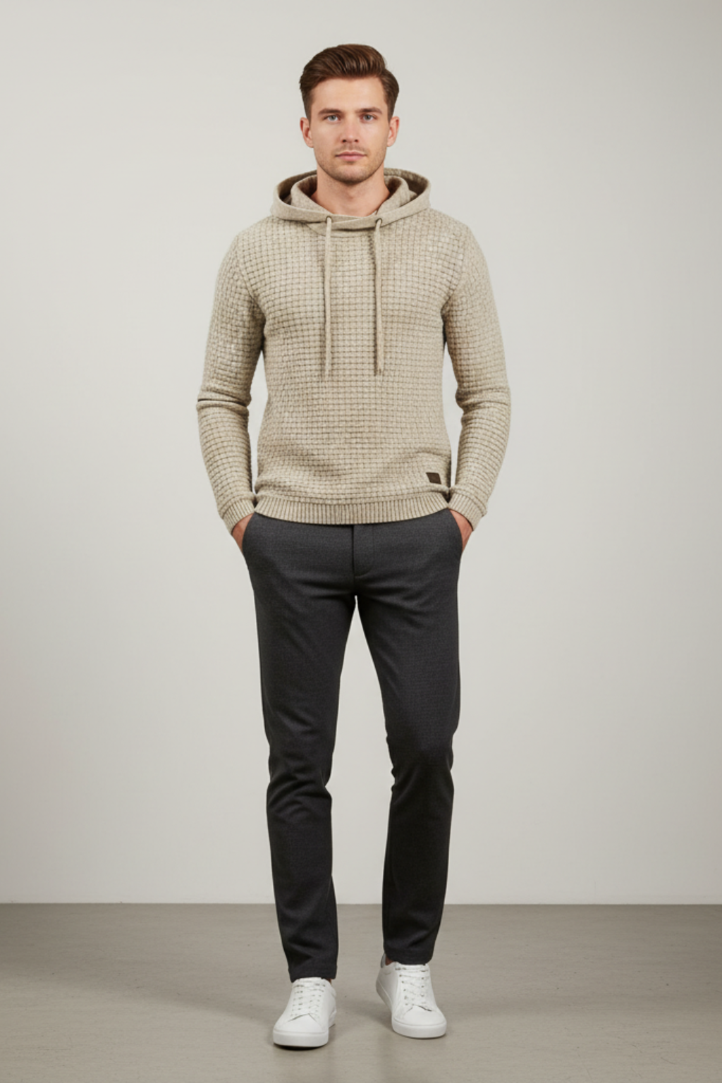 Men’s Textured Slim Fit Hooded Jumper - Knit Pullover