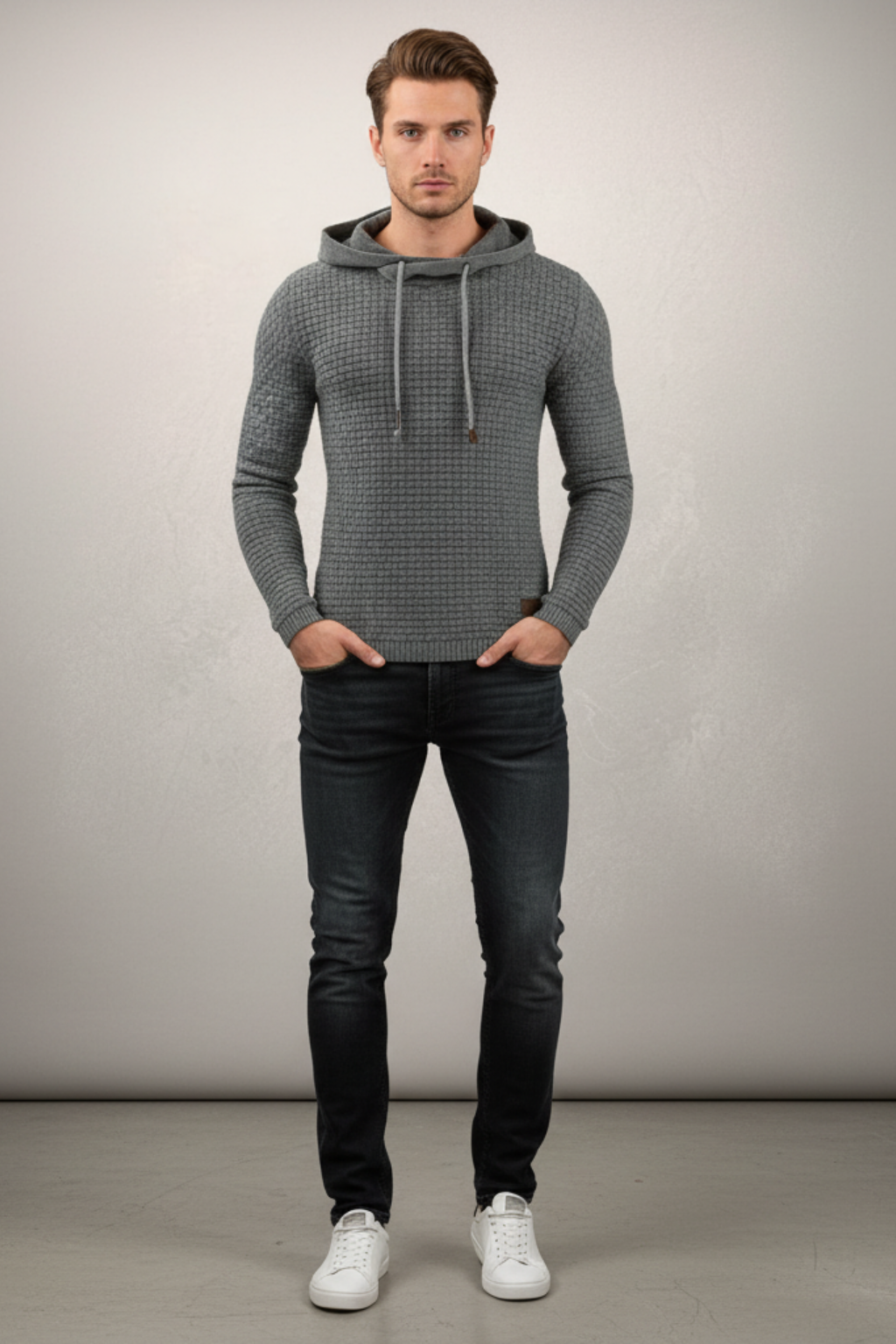 Men’s Textured Slim Fit Hooded Jumper - Knit Pullover