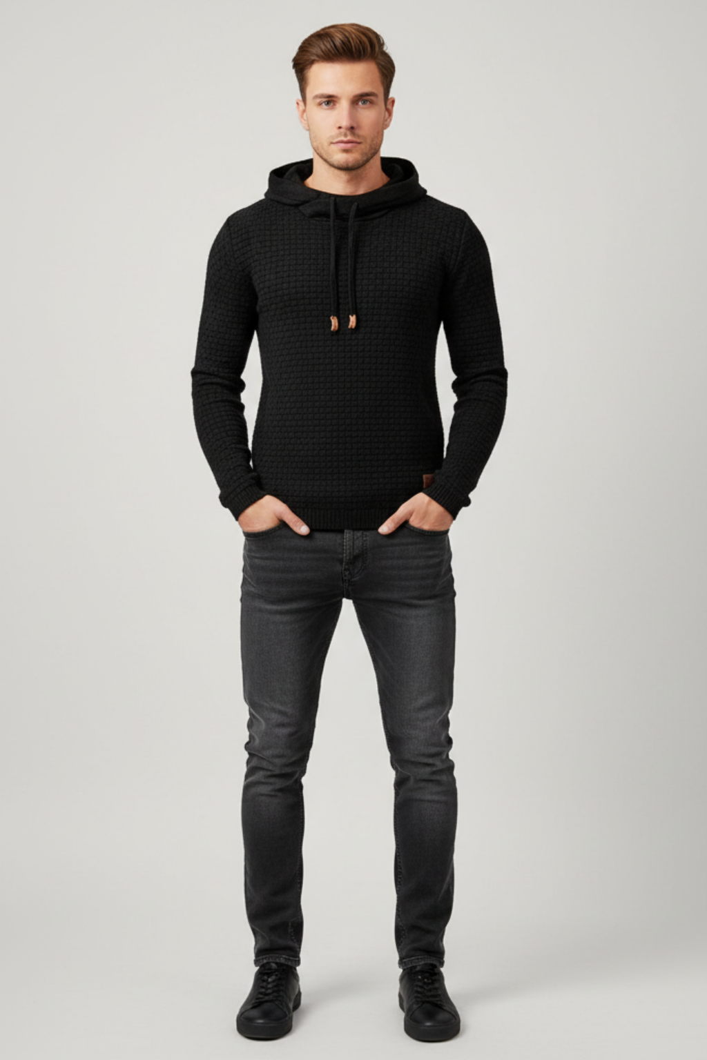 Men’s Textured Slim Fit Hooded Jumper - Knit Pullover